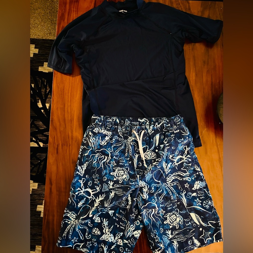 Lands' End Kids' Navy Rashguard and Navy and White Swim Trunks Set